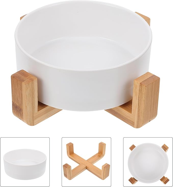 Alipis Ceramic Elevated Cat Bowl with Wood Rack, High Feet Feeder Small White Straight Edge, Raised Feeding and Watering Dish for Cats and Kittens
