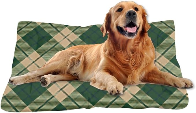 Green Yellow Plaid Dog Bed Pad Non Slip Bottom Waterproof Dog Crate Pads Cozy Soft Outdoor Cat Bed Pet Supplies Printed Crate Mats Gift Premium Pet 36× 24 Inch Indoor Outdoor