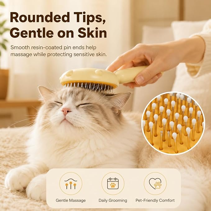 Cat Brush for Shedding, Self-Cleaning Hair Brush with Release Button for Indoor Cats, Soft Silicone Grooming Comb for Long and Short Haired Cats, Cute & Effective Pet Hair Remover Tool, Yellow