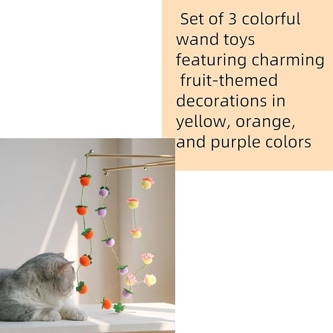 Interactive Cat Wand Toys with Fruit Design, 3 Pack, for Indoor Kitten,Yellow Orange Purple (Yellow Orange Purple, Medium)