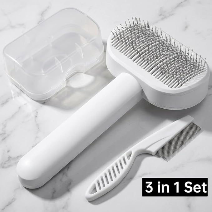 Prime Pets Cat Brush for Shedding, Self-Cleaning Slicker Brush for Long and Short Haired Indoor Cats, Fine Comb Protective Case Included