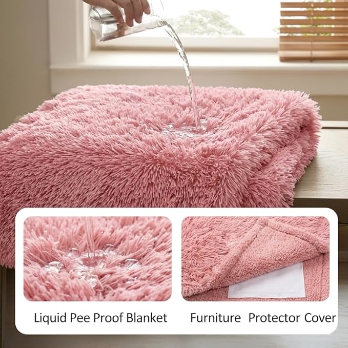 Pink Waterproof Calming Dog Blanket Reversible Faux Fur Sherpa Blankets for Couch Covers Fuzzy Pet Bed Cover Sofa Furnitures Protective(Pink,L-65x57in)