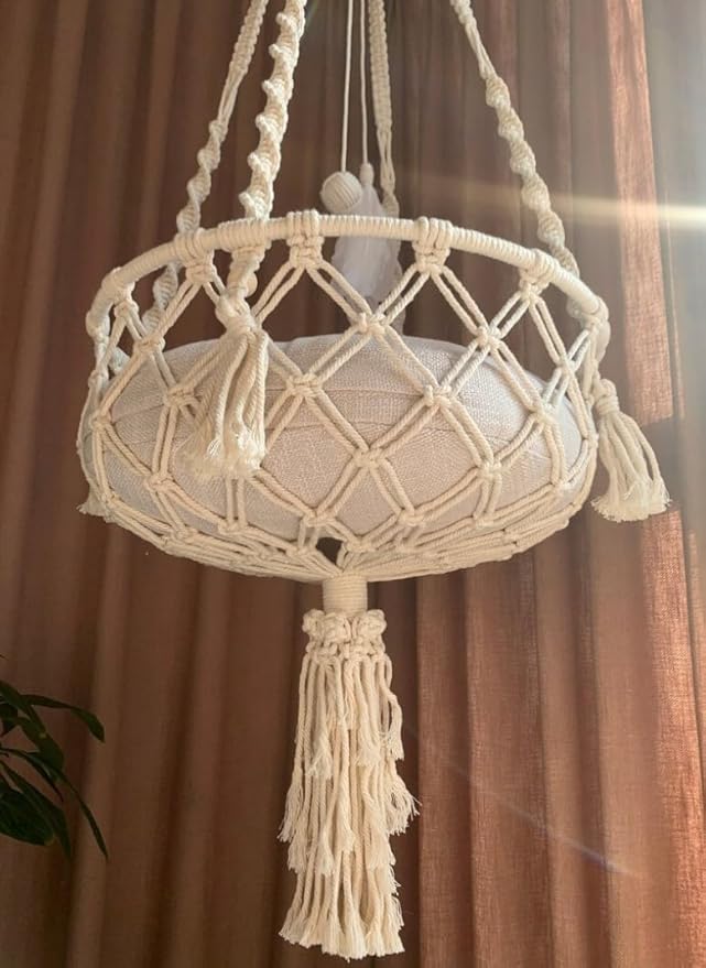 Hanging Cat Bed Tree Macrame Hammock Wall Furniture Swing Crochet Cave Without Any Pillow - Color: Off White