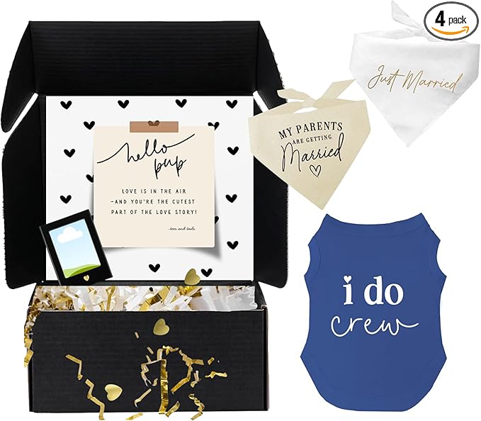 Dog Bridal Wedding Gift Box – 2 Cotton Bandanas (My Parents are Getting Married, Just Married) 1 I Do Crew Dog Tee & Magnetic Photo Frame 2.5" x3,5|Royal Blue, Large 382