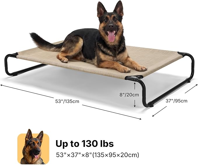 Veehoo Cooling Elevated Dog Bed, Outdoor Dog Bed for Large Dogs, Raised Dog Cot with Thickened Frame, Durable Teslin Mesh & Anti-Slip Rubber Feet, Pet Hammock for Indoor or Camping, 53" x 33", Beige