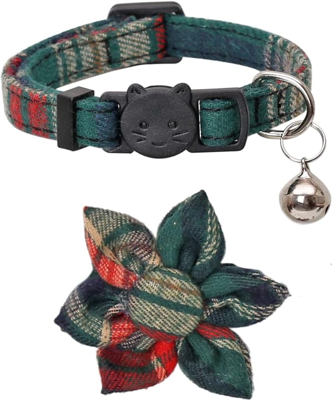 Christmas Cat Collar Breakaway with Cute Removable Flower Floral and Bell for Kitty Adjustable Safety Plaid