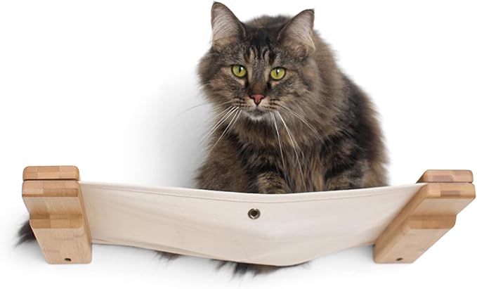 CatastrophiCreations Cat Lounge Hammock Wall Mounted Lounger for Climb and Play Furniture Cat Tree Shelves, Natural Bamboo/Natural Canvas, one Size