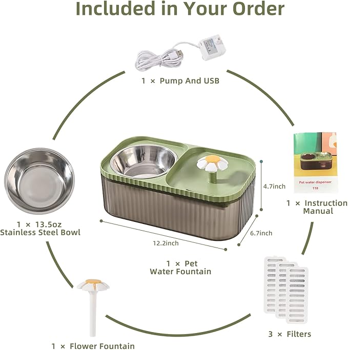 3L/101oz Pet Water Fountain with 3 Filters and Pump & 1 Replacement Pump (Black & Green)