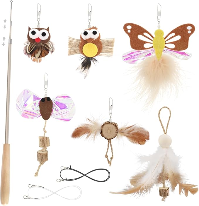 SONGWAY Interactive Cat Wand Toys - Retractable Teaser Wand and 6 Pieces Flying Bird & Crinkle Butterfly Dragonfly Cat Toy Feather Refills with Silvervine, Cat Feather Toys for Indoor Cats Kittens