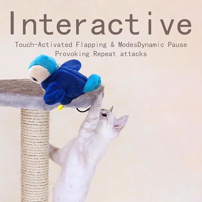 Flapping Chirping Bird Cat Toy(Non-Flying), USB Charging, Touch Activated Plush Toy,Simulates Bird Wing Flapping and Sounds, for Cats,Dogs & Small Pets (Small, Blue Dove)