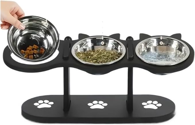 Cat Feeder Adjustable,15 Degree Angle 3 Pet Food Bowls Wood Stainless Steel
