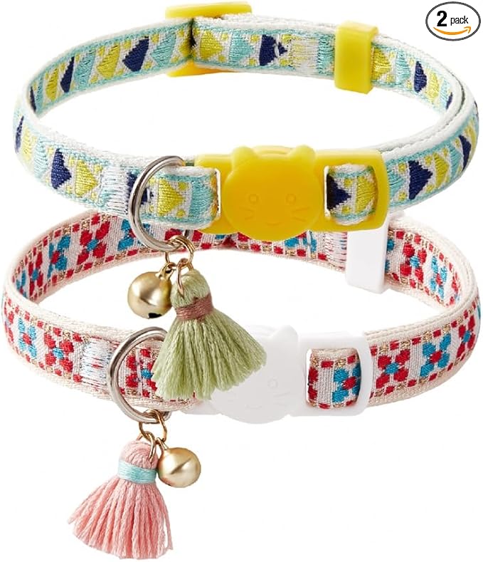 2 Pack Cats Collar Breakaway Cute Colorful Pattern for Cat Boy Girl Adjustable Length Collar with Little Bell Tassel Tribal Bohemian Pattern (2 Pack⎮Green+Red)