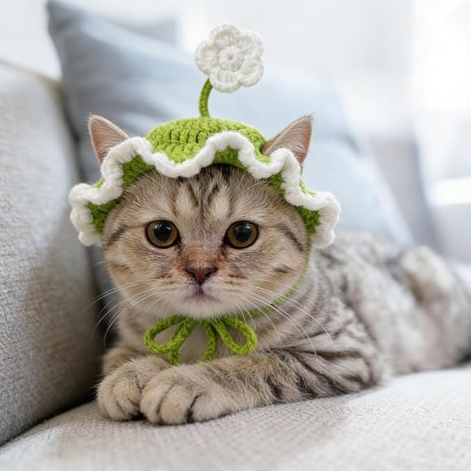 2 PCS Pet Costume Hats Cat Dog Cute Frog and Flower Headband Crochet Knitted Cap Big Eye Frog Party Cosplay for Kitten Puppy Pet Birthday Hat