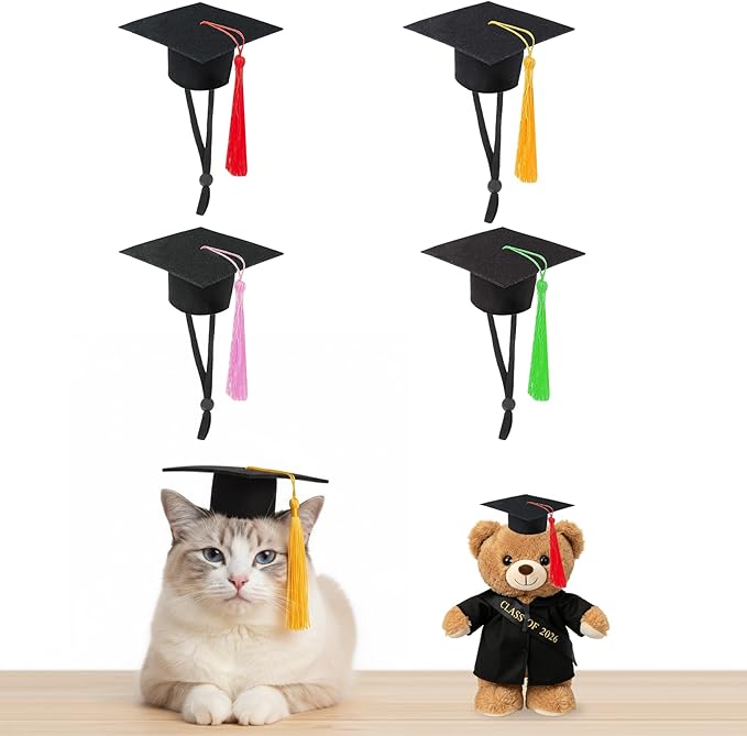 Mini Graduation Caps, 4 Pack Black Mini Graduation Caps with Gold Red Pink and Green, Small Animal Bachelor Hats for Adjustable Pet Graduation Photo Props Cat Dog Holiday Costume Accessories