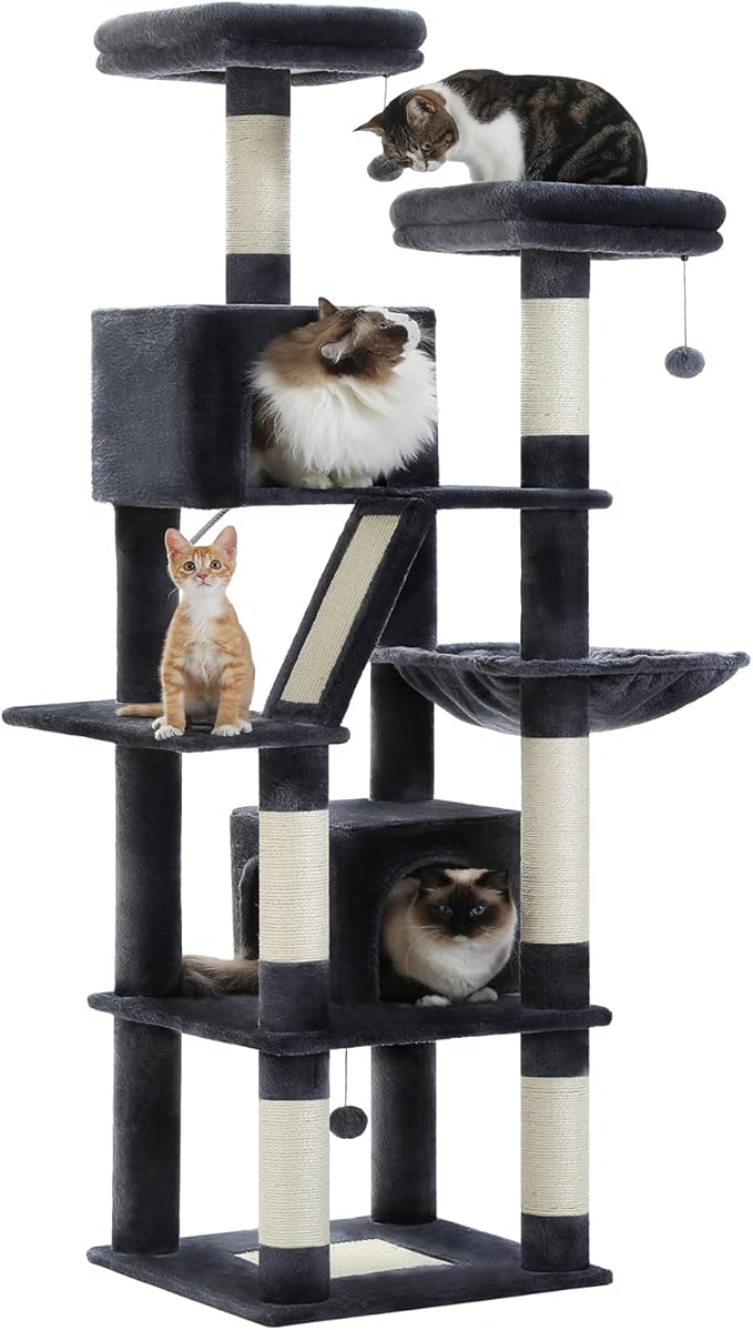 MUTTROS Tall Cat Tree 70.9"- Cat Tower with 6 Scratching Posts, Multi-Level Climbing Tower with 2 Condos, 2 Scratching Boards, 2 Top Beds & Hammock for Indoor Large Medium&Small Cats, Dark Gray
