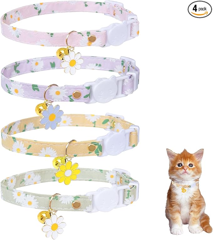 4 Pack Cotton Breakaway Cat Collar with Bell,Safety Adjustable Cat Collars Set with Flower Pendant,Ideal for Girl Cats Boy Cats
