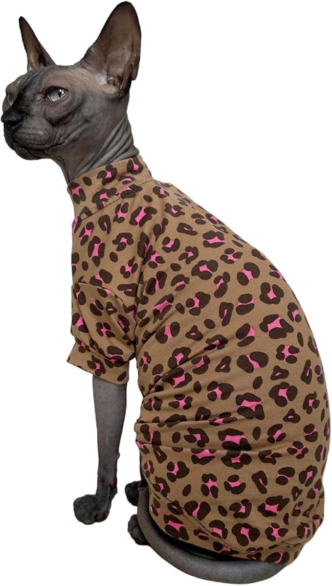 Limited Edition Sphynx Cat Cotton T-Shirts Hairless Cat Sweatshirt Pet Kitten Clothes Round Collar Kitten Shirts Vest Cats & Small Dogs Apparel (Pink Brown Leopard, S (3.3-4.4 lbs))