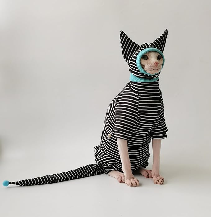 Hairless Cat Clothes, Cat Jumpsuit with Stripes 4 Legged Pajamas, Sphinx Clothing, Cat Apparel for Cats, Pet Onesies, Striped Cat Clothing with Hat and Tail Cover Set (X-Small, Full Set)