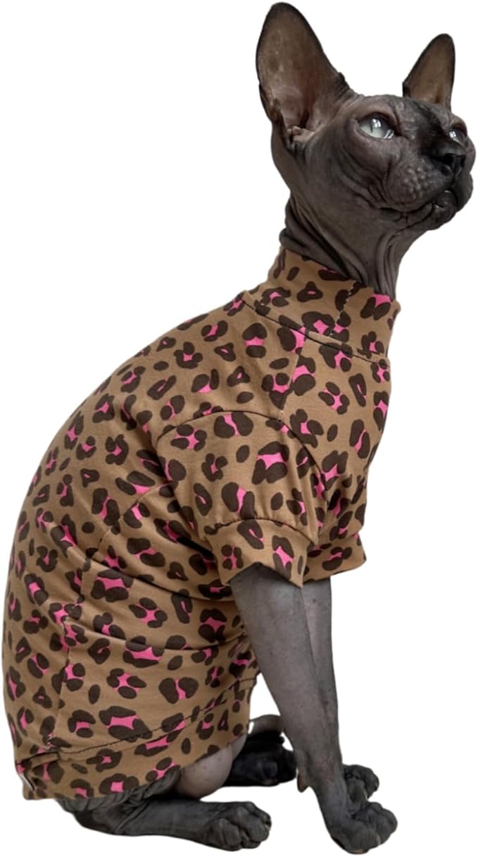 Limited Edition Sphynx Cat Cotton T-Shirts Hairless Cat Sweatshirt Pet Kitten Clothes Round Collar Kitten Shirts Vest Cats & Small Dogs Apparel (Pink Brown Leopard, XL (10-12 lbs))