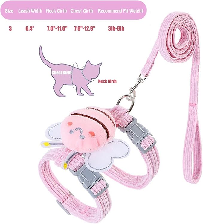 Cat Harness and Leash Set for Outdoor Travel Walking Escape Proof Soft Safe Adjustable Kitten Puppy Small Strap Cute Bee Wings Pink, S