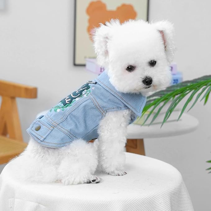 Dog Denim Vest Harness with D-Ring, Jean Jacket for Small Dogs & Puppies, Adjustable Pet Clothes for Chihuahua Yorkie Poodle, “Wild & Free” Embroidered Outfit(M)