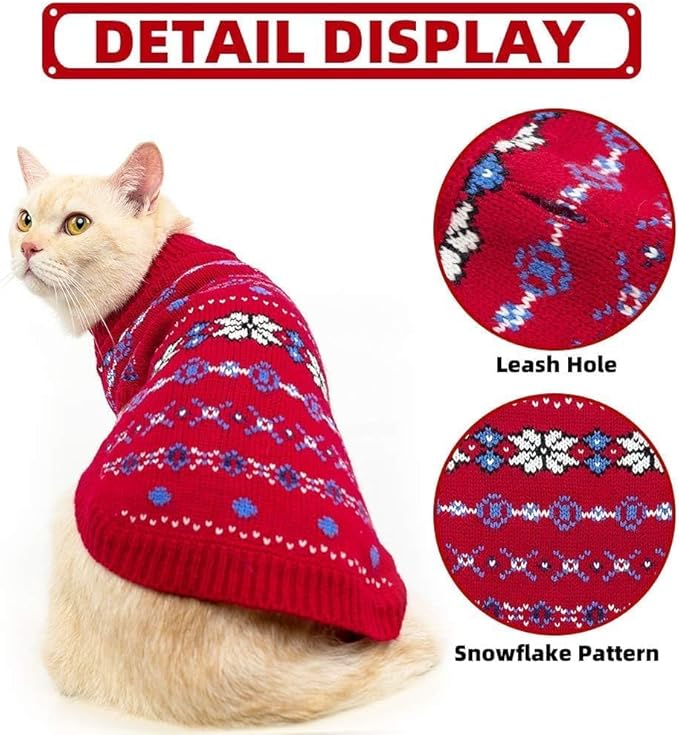 BINGPET Cat Clothes Turtleneck Knitted Sleeveless Cat Sweater,Cute Cat Outfit Soft Turtleneck Knitted Kitten Puppy Apparel with Snow Pattern,Sphynx Cat Clothes for Cold Weather
