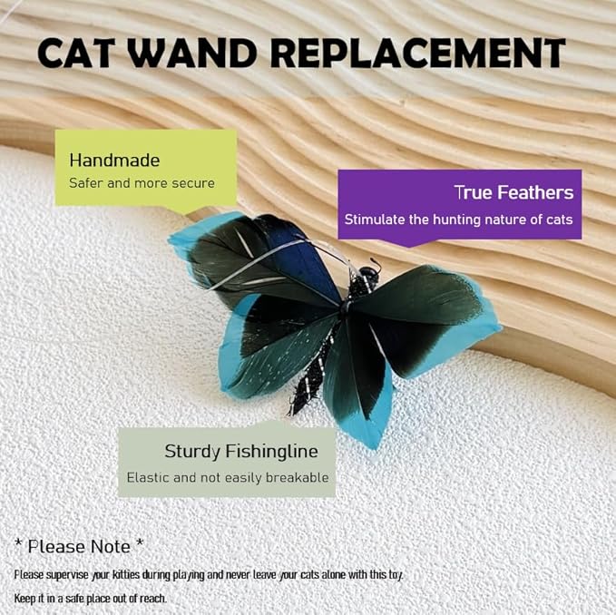 Cat Insect Feather Toys Replacement - 4 Pcs Handmade Natural Butterfly - Cat Toy Wand Refills - Simulation Mini Insects Cat Lures Wand Attachment Replacement for Kitty