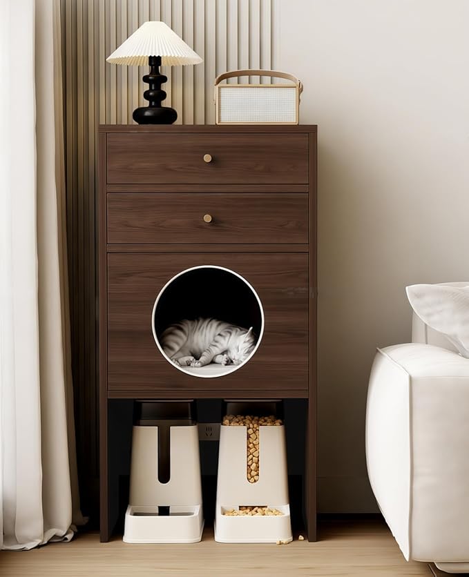 Multi-Function Cat House Furniture, Solid Wood Cat Condo with Storage Drawer, Pet Bed & Feeding Area, Compact Cat Cabinet (Walnut,19.6" L*15.7" W*41.3" H)