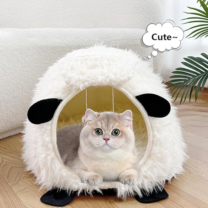 LYFJMUS Mushroom Cat Bed Chocolate Cookie Cat Beds for Indoor Cats Mushroom Cow Shape Cat Cave Bed Cat Tent with Removable & Washable Cushion Pillow Cat House Bed for Cats Small Dogs ﻿ (White Sheep)
