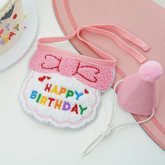 Pet Birthday Party Set, Adjustable Hat and Bandana with Happy Birthday Text, 2-Piece Celebration Accessories for Cats and Dogs (Pink)