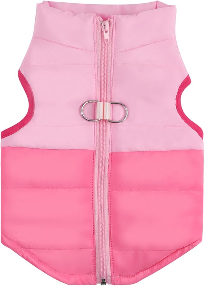 Winter Dog Coat with Leash Ring, Warm Jackets Puppy Cold Weather Coats Pet Clothes Cat Outfits for Small Dogs (Pink+Rosered, Medium)