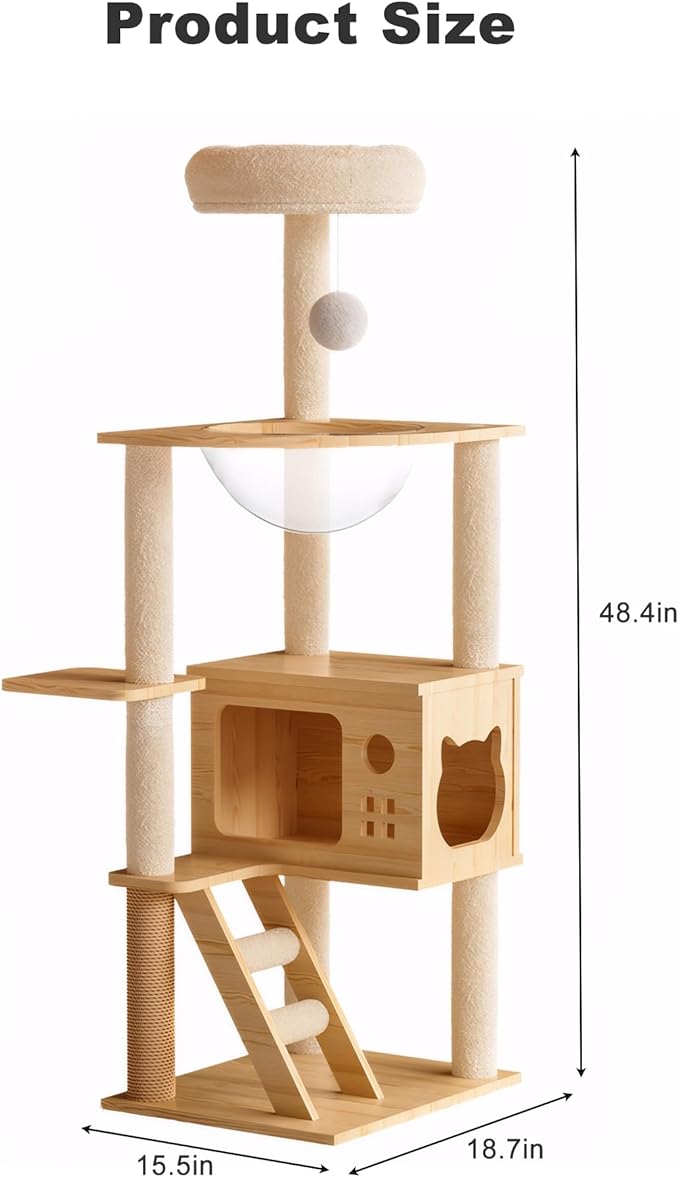 Modern Wooden Cat Tree for Indoor Cats, 48.8" Cat Tower with Scratching Posts, Acrylic Hammock, Multi Level Cat Condo for Large Cats (48.8")