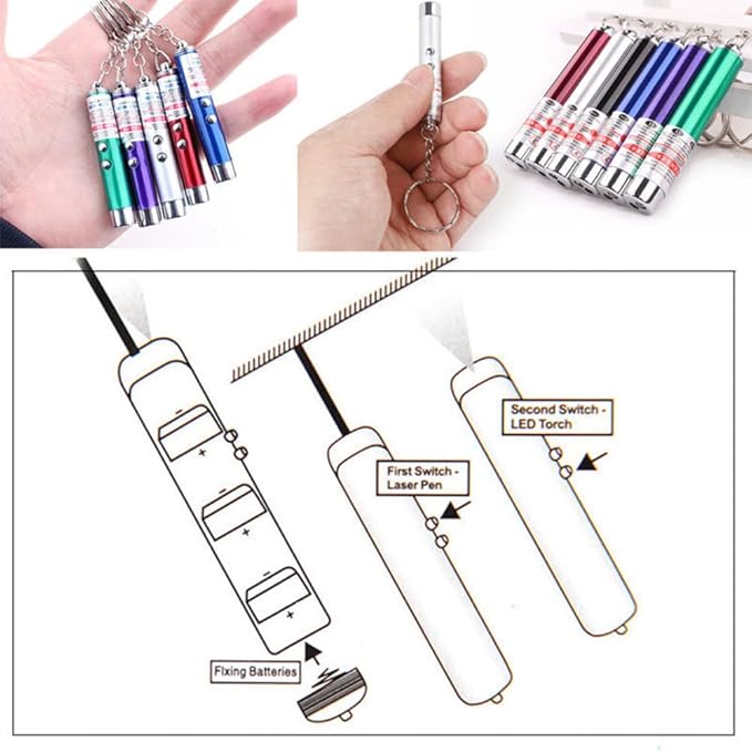 6PCS Cat Toy Mini Red Laser Pointer Cat Dog Interactive Training Tools White LED Torch Light with Keychain