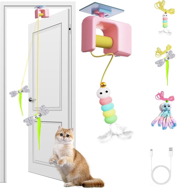 Interactive Automatic Cat Toy for Indoor Cats - Electric Door Hanging Toy with Feather Plush Caterpillar for Kittens, Fun Chase & Exercise, Cat Toys Interactive (1 Toy + 3 Accessories)