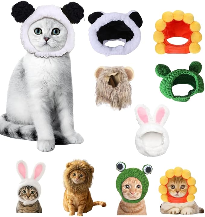5 Pcs Halloween Cat Hat Cat Costume Pumpkin Cat Hats Bat Cosplay Hats,Dress Up Halloween Easter Costume Adjustable Accessory Headwear (Sunflower,Lion,Bunny,Frog,Panda Bear)
