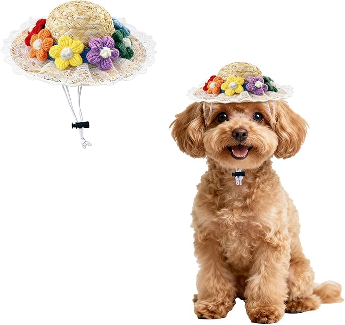 NACOCO Cat Hat Sunflower Straw Hat Handcrafted Rose Lovely Sun Cap Accessories for Small Dogs and Cats Photograph (M, Multiple Flower)