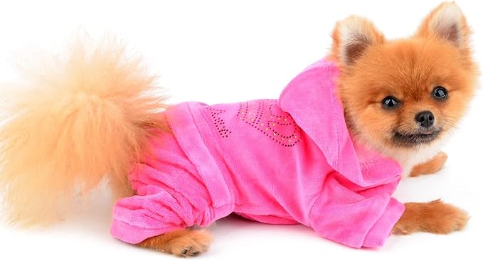 SMALLLEE_LUCKY_STORE Pet Clothes for Small Dog Cat Soft Velvet Crown Jumpsuit Coat Hooide Pajamas Tracksuit Pink L