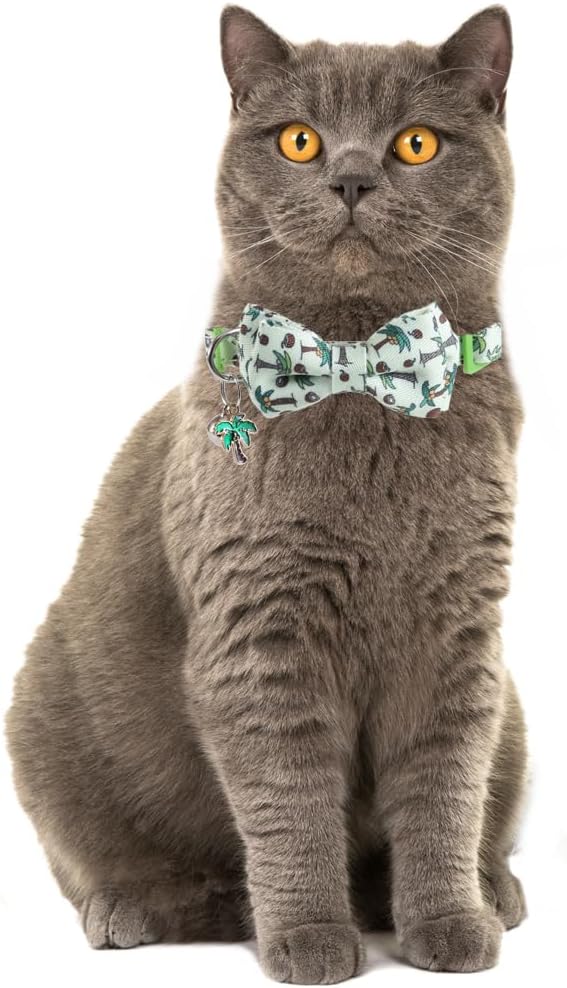 Cat Collar Breakaway with Cute Bow Tie Bandana and Bell Coconut Tree Accessories for Kitty Adjustable Safety