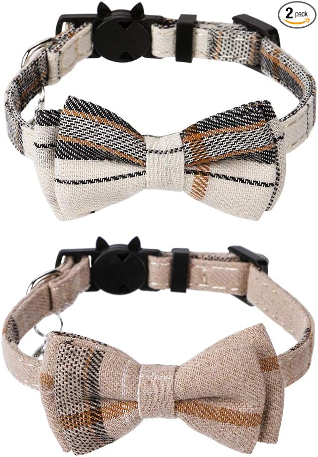 Faleela Breakaway Cat Collar with Bells - 2 Pack Cat Collar with Bells, Cat Collars with Bandana, Accessories for Pet Collars, Adjustable for Cats and Small Dogs (Beige+Brown)