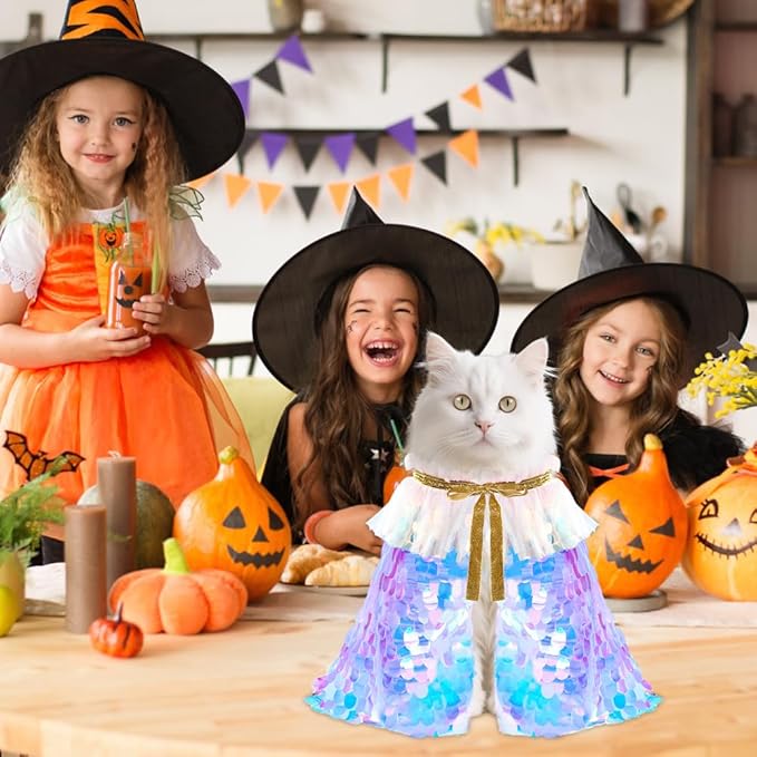 Vellibring 2 Packs Halloween Cat Costumes, Small Funny Sequins Halloween Cat Wizard Cape Adjustable Pet Wizard Cloak for Little Dogs Cats Puppy Halloween Cosplay Party
