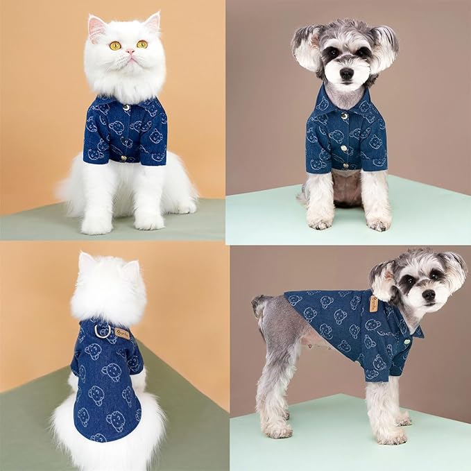 Unisex Pet Denim Shirt for Cats & Small Dogs, Soft Washed Denim, Collared Button Down with Back D-Ring, Breathable Cotton, Spring/Summer/Fall (X-Small, Shirt-Dark Blue with Bear)