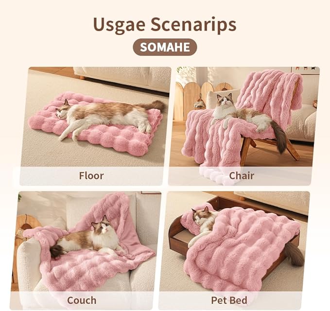SOMAHE Cat Blanket, Reversible Sherpa & Bubble Fleece Pet Throw, Ultra-Soft Plush for Indoor Cats, Machine Washable, Anti-Static, Warm & Cozy, 22"×18" Inch Pink