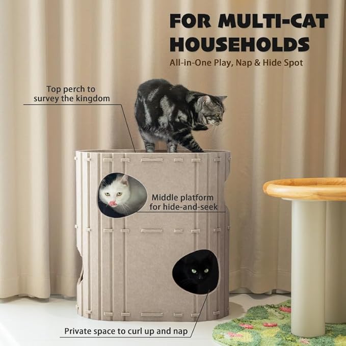 PETKARAY 2-Story Felt Cat House, Large Bed Cave for Indoor Cats, Felt Tunnel Hideaway Condo for Multi-Cat Households, 23.6x22x12 inches, Grey