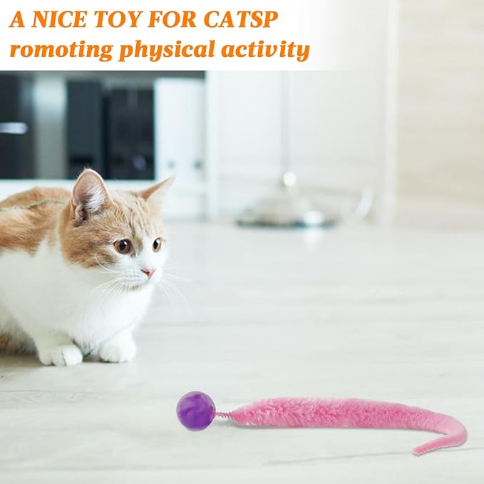 Bouncy Ball With Tail Cat Toy, 6 Packs Rainbow Magic Worm With Ball for Cats, Colorful Fuzzy Worm Bouncy Balls (Rainbow Large)