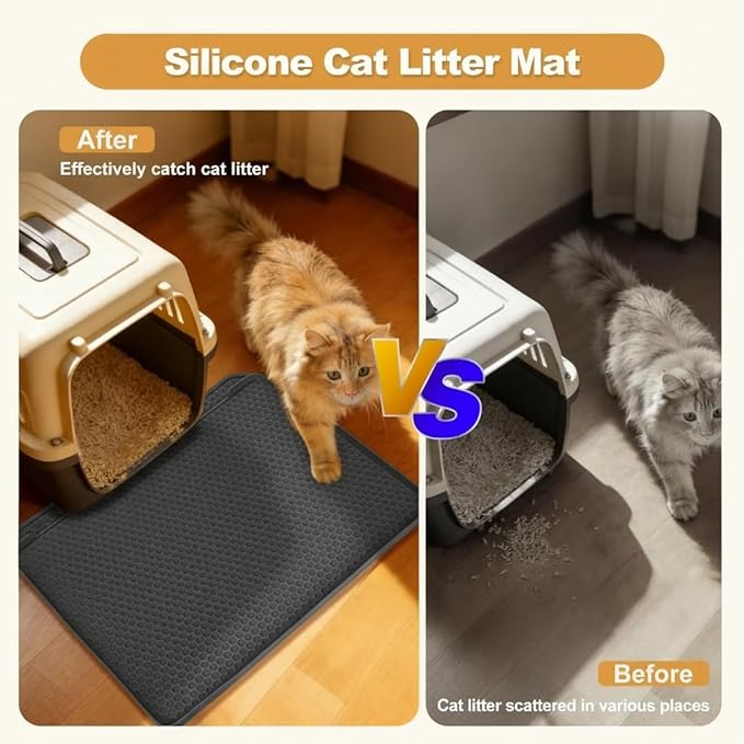 Extra Large Cat Litter Box Mat 34" x 22" – Waterproof Silicone Litter Trapper, Non-Slip, Easy to Clean Floor Protector, Soft on Kitty Paws(Dark Gray)