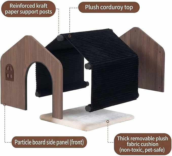 Wooden Cat House for Indoor Cats - Plush Corduroy Semi Enclosed Cat Condo, Dual Sided All Season Washable Cat Bed, Sturdy Modern Cat Furniture for Small & Medium Cats Up to 20lb/9kg