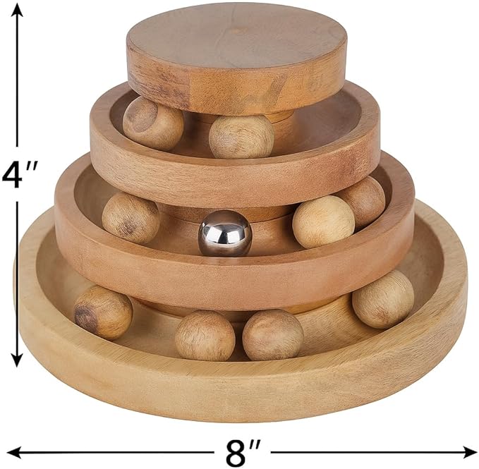 Interactive Cat Toy Tower with Balls & Bell – 3 Tier Track Ball Toy for Indoor Cats & Kittens – Wooden Cat Enrichment Toy for Bored Cats, Exercise & Mental Stimulation 8 x 8 x 4 Inches