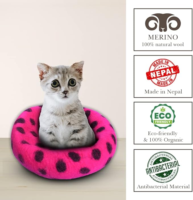 Woolygon Premium Felt Cat Cave Bed – Wool Kitty Beds Handcrafted Kitten Caves Bed for Indoor Cats - Made from Merino Wool, Foldable Cat Hideaway Covered Cat House Pod (Pink Polka)