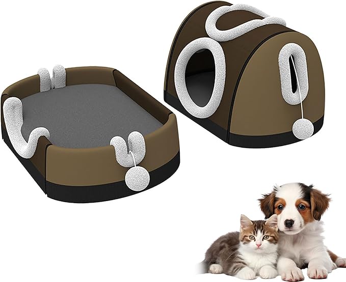 Enclosed House & Open Bed for Indoor Cats,Constant Modifiable Puss Bed with Removable Top Winter Season Double Manner Plan Revertible Pillow,Multi-Functional Pet Furniture with Scratch Pad