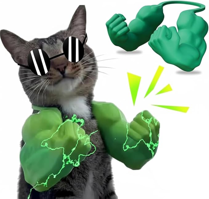 Funny Cat Muscle Arms Christmas Costume, 3D Printed Strong Arms for Cats Neck Muscle Arm Accessory, Cute Holiday Pet Cosplay Outfit for Kitten April Fool's Day & Halloween Parties (Green)